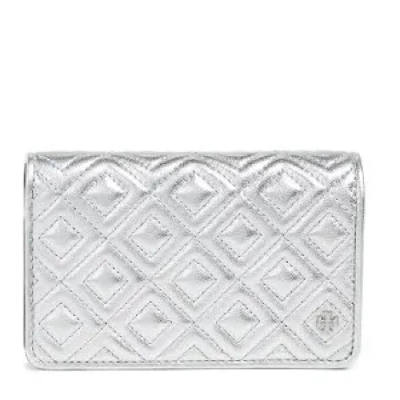 Tory Burch Fleming Medium Metallic Slim Wallet Silver Quilted Leather Wallet - Picture 8 of 17